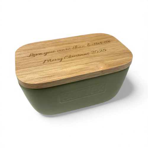 Personalised sage green ceramic butter dish with engraved custom oak lid