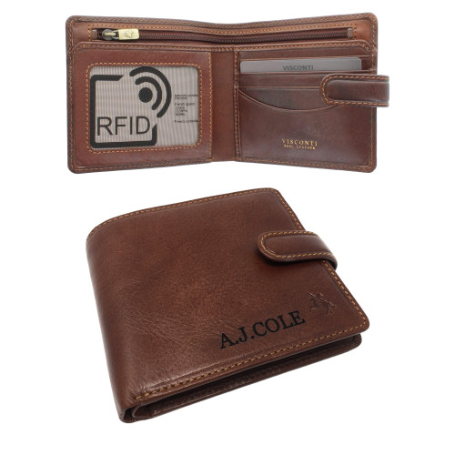 Personalised tan leather Visconti bi‑fold wallet and opened showing card slots and compartments