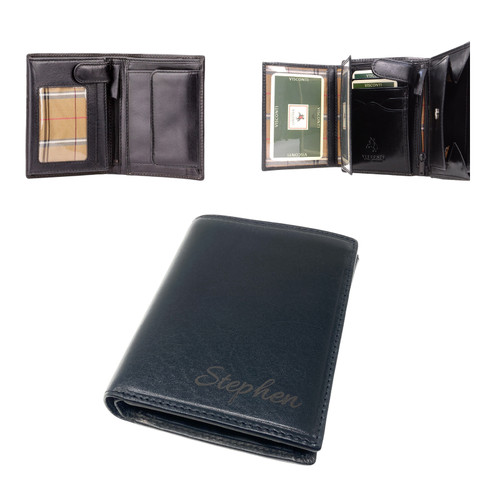 Personalised Black Trifold Leather Wallet - Engraved With A Name Or Initials