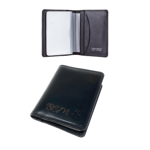 Interior view of black RFID leather card wallet with multiple card slots