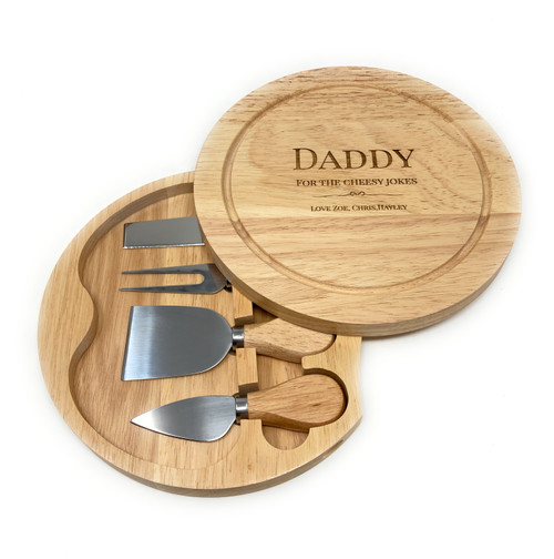 Personalised cheese board with hidden drawer and stainless steel cheese knives