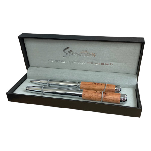 Personalised Stratton Roller Ball & Ball point Wood & Chrome Pen Gift Set - Best Man & Usher Gift (Best Seller)