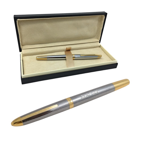Engraved silver and gold rollerball pen in luxury presentation gift box Engraved silver and gold rollerball pen in luxury presentation gift box