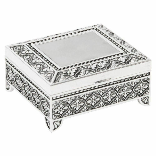 Silver-plated art-deco floral trinket jewellery box with custom engraving – vintage style keepsake gift for women.