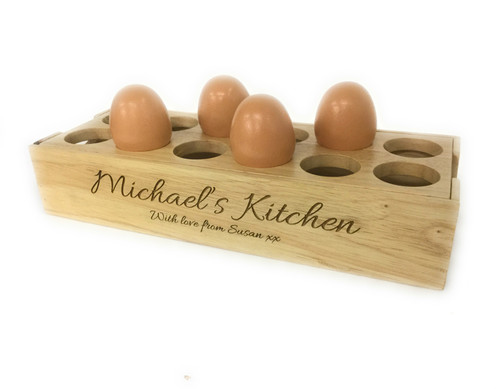 Personalised wooden egg holder tray engraved with name