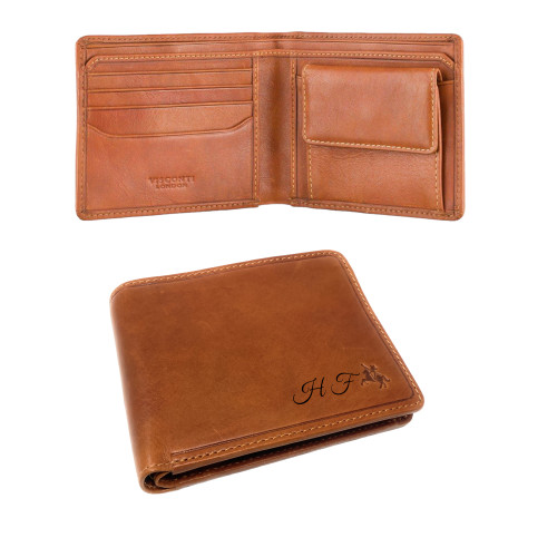 Interior layout of oak tan RFID leather wallet – card slots, note sections, receipt slips