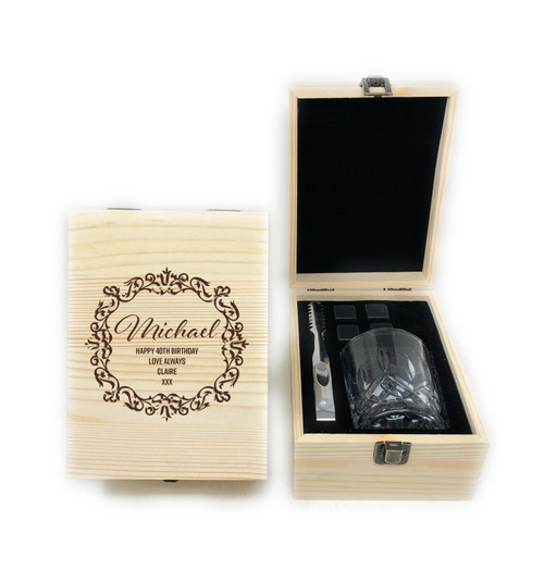 Personalised Whisky Stones & Tumbler Glass Pine Wooden Gift Set (Best Seller)