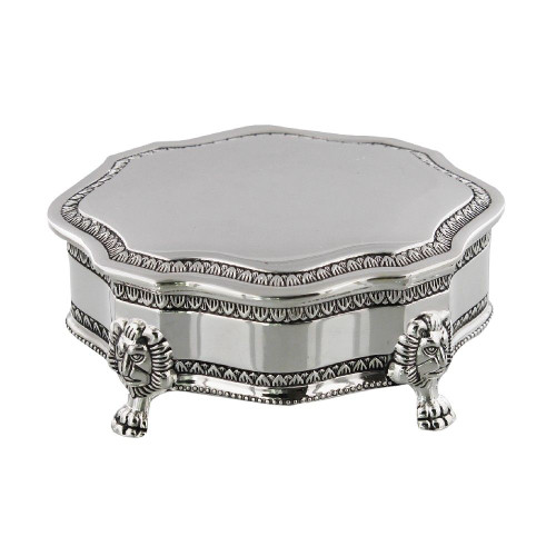 Personalised silver trinket box with ornate scalloped detailing with lion head feet