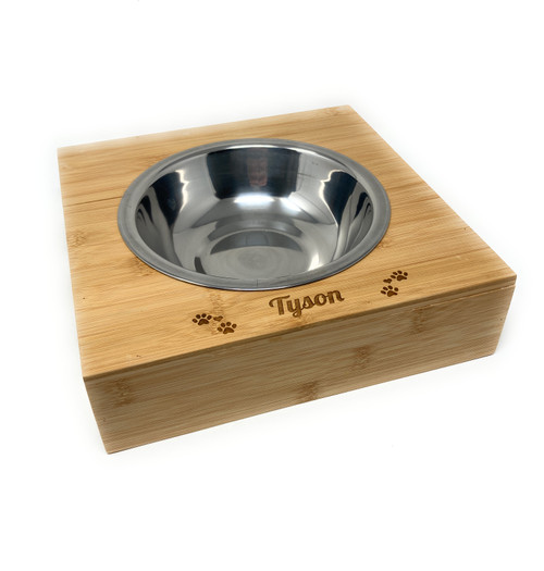 Personalised Bamboo Dog Cat Elevated Raised Single Stainless Steel Bowl Pet Feeder