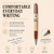 A two-tone natural wood ballpoint pen with polished chrome trim and a slim tip. The text reads: COMFORTABLE EVERYDAY WRITING, TWO-TONE NATURAL WOOD, PERFECT FOR ANY OCCASION, Smooth writing every time, SLIM BALLPOINT TIP, HOME, OFFICE, STUDY, JOURNALING.