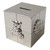 A silver cube animal children's money bank. Cute 3D animals and nursery design on each side. Customised personalised message of your choosing above and below the money slot on top.