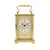 A gold plated carriage clock with easy to read roman numerials. Customised engraved message plate on top. Easy comfortable grip handle