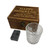 Personalised rustic wooden whisky box gift set with Happy Father's  Day wording on top. Display with whisky glass and 6 whisky stones. Perfect gift for dad.