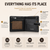 Promotional image showing inside of tan leather wallet with highlighted arrows showing main features and benefits. Title of the image is "everything has a place"