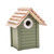 A new England nesting bird box modeled on classic beech hut style. Light beech wood roof with painted green front.  Large stainless steel hole protector on front. Personalised  with a wooden plaque with customised text.