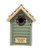 A new England nesting bird nesting box modeled on classic beech hut style. Light beech wood roof with painted green front.  Large stainless steel hole protector on front. Personalised  with a wooden plaque with customised text.