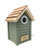 A new England nesting bird box modeled on classic beech hut style. Light beech wood roof with painted green front.  Large stainless steel hole protector on front. Personalised  with a wooden plaque with customised text.