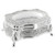 A rectangular silver-toned metal trinket box featuring a polished finish, a hinged lid with a central smooth oval panel, and intricate embossed vine patterns on the sides. The box is supported by four ornate, curved metal feet.