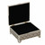 Silver keepsake box with ornate design with lid open showing black velvet interior.