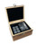 A whisky stones handmade rustic gift set. Wooden presentation box with clasp and customised text on lid. Supplied with glass tumbler and whisky cooling stones