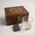 A whisky stones handmade rustic gift set. Wooden presentation box with clasp and customised text on lid. Supplied with glass tumbler and whisky cooling stones