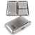 A rectangular silver-toned metal cigarette case with a textured crosshatch finish. The closed case features a black rectangular inlay with the engraved letters R.C. The open case reveals a polished interior with a metal spring bar.