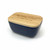 Custom engraved message on the oak lid of a blue butter dish - stylish eco friendly alternative to plastic containers