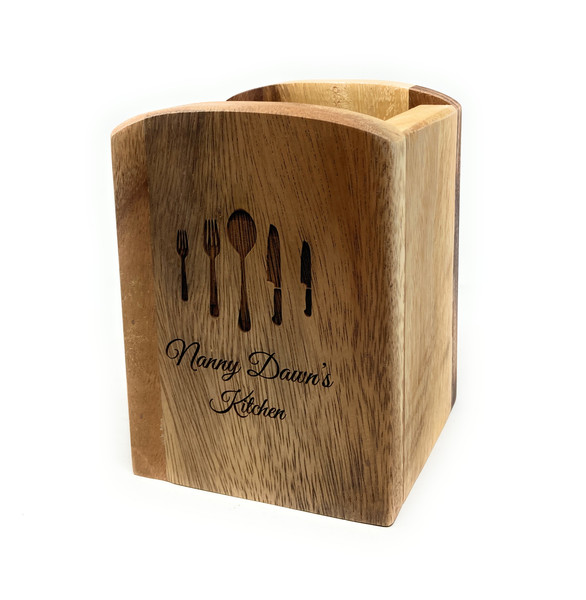 Personalised Acacia Wood Nordic Cutlery Utensil Holder Engraved Kitchen Storage Giftd