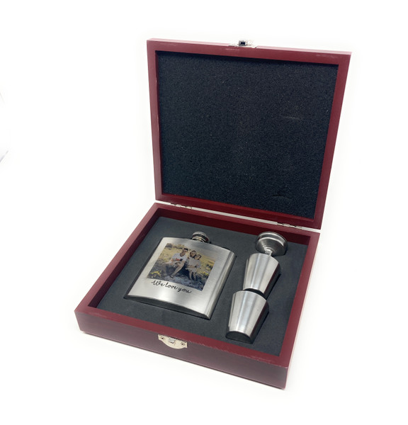 Printed Photograph 6oz Stainless Steel Hip Flask Gift Set In A lovely Wooden Presentation Box