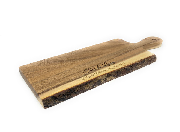 Personalised Acacia Wood Bark Edge Rustic Long Paddle Handled Chopping Board