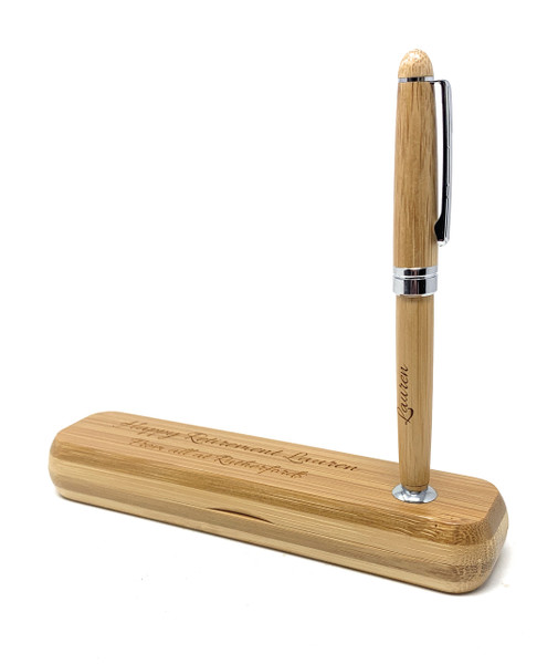 Personalised eco-friendly bamboo ballpoint pen and stand gift set with custom engraving.