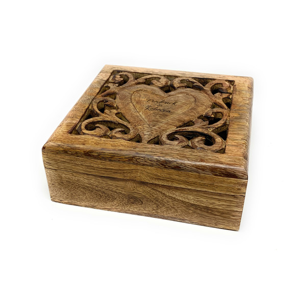 Personalised Small Heart Mango Wood Square Memory Trinket Keepsake Box