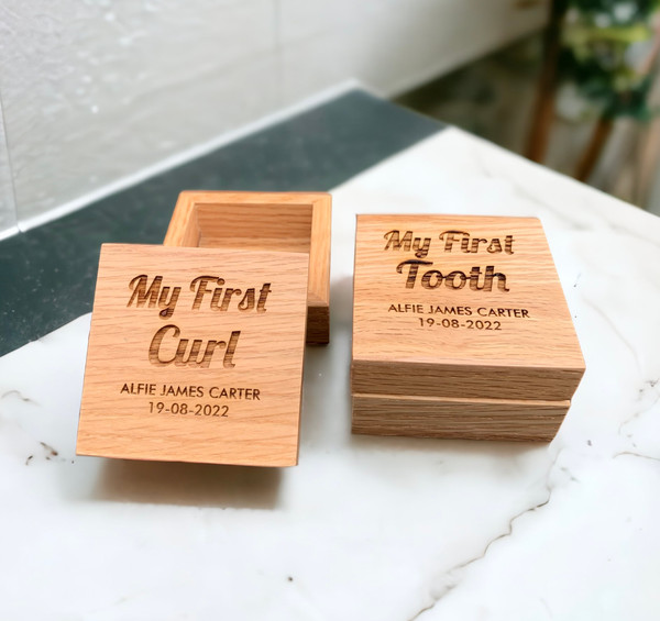 Personalised First Tooth & Curl 6cm Oak Boxes Gift Set