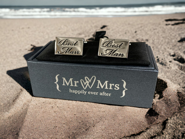 Mr & Mrs - Black Engraved Cufflinks "Best Man "- Gift Boxed - Wedding Gift