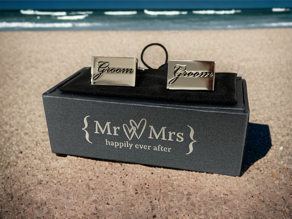 Mr & Mrs - Black Engraved Cufflinks "Groom "- Gift Boxed - Wedding Gift