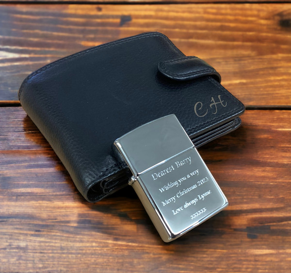 Personalised luxury black RFID leather wallet and polished chrome Zippo lighter gift set