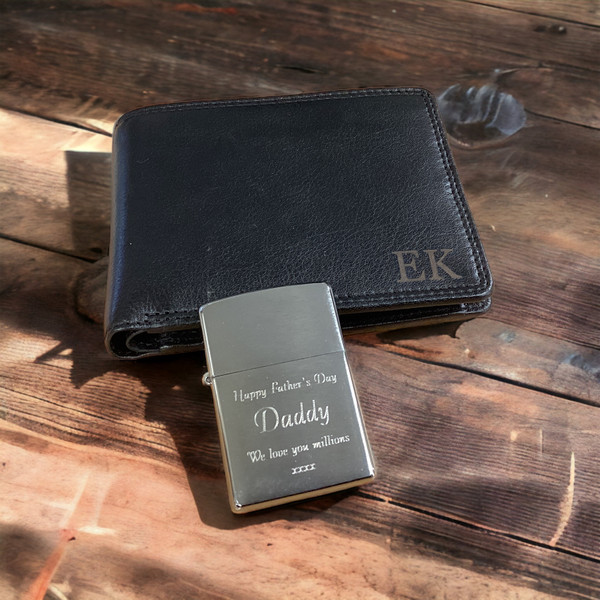 Luxury personalised black leather RFID wallet and engraved brushed chrome Zippo lighter gift set in premium gift box