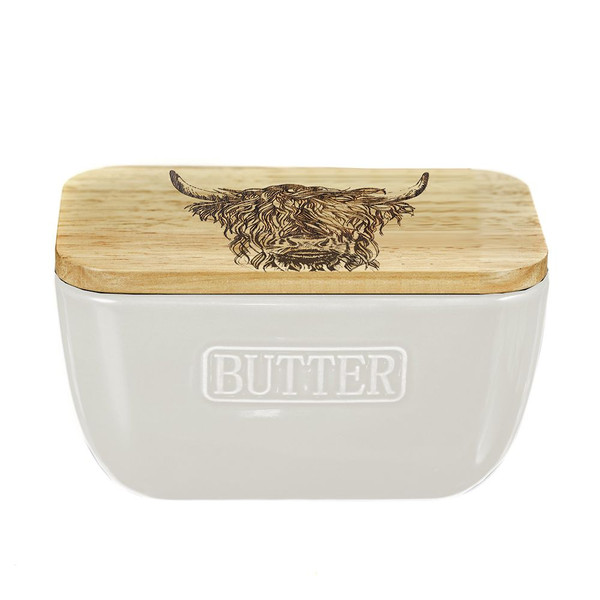 Highland Cow Design Ceramic And Oak White Butter Dish