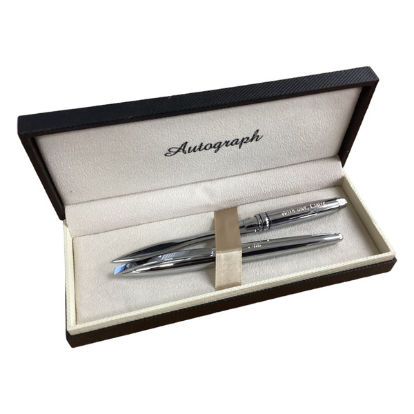 Personalised Autograph Chrome Pen and Letter Opener Gift Set with Custom Engraving – Elegant Writing and Office Accessory Gift. Displayed in  matching gift box.