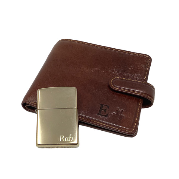 Personalised luxury tan RFID bi-fold leather wallet and polished brass Zippo lighter gift set