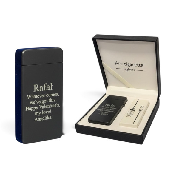 Personalised black slim arc USB rechargeable lighter with matt finish. Lighter is also dispalyed in the background in gift box