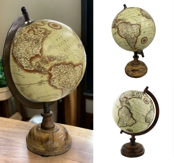 Decorative 27cm (8/6) Globe Metal & Wooden Base - School Home Travel Ornament Gift