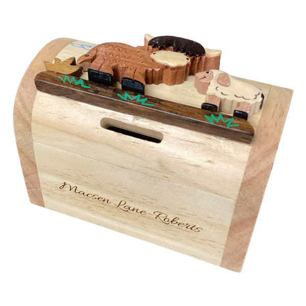 Personalised Childrens Wooden Highland Cow Money Box