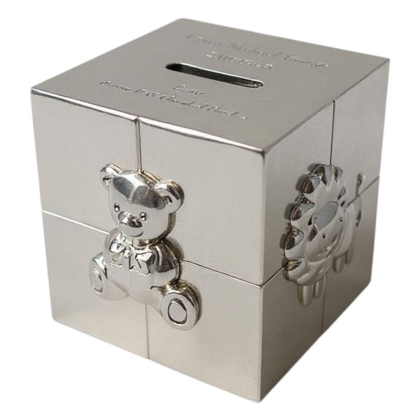A silver cube animal children's money bank. Cute 3D animals and nursery design on each side. Customised personalised message of your choosing above and below the money slot on top.