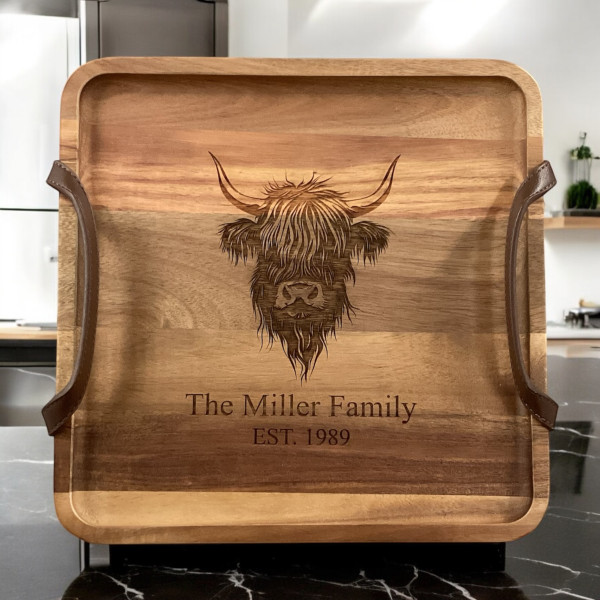 Personalised Rustic Lightweight 25cm Handled highland Cow Serving Tray