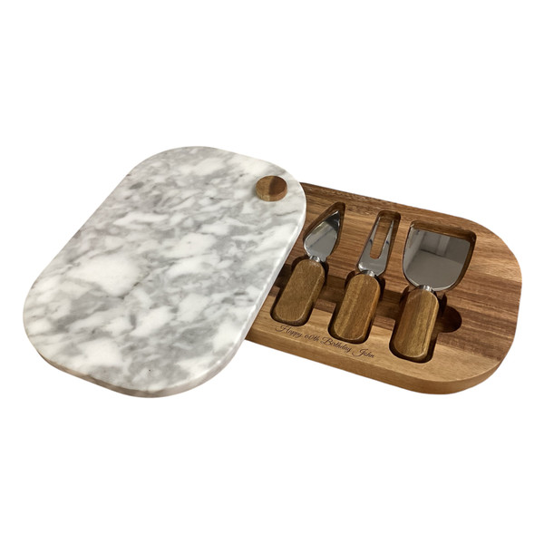 Personalised Marble Cheese Board /Wooden Acacia Sliding Base Gift Set