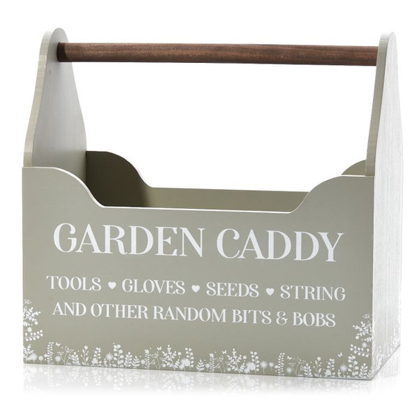 outdoor tool storage caddy green and wood