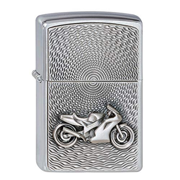 Embossed motorcycle design genuine Zippo lighter in brushed chrome