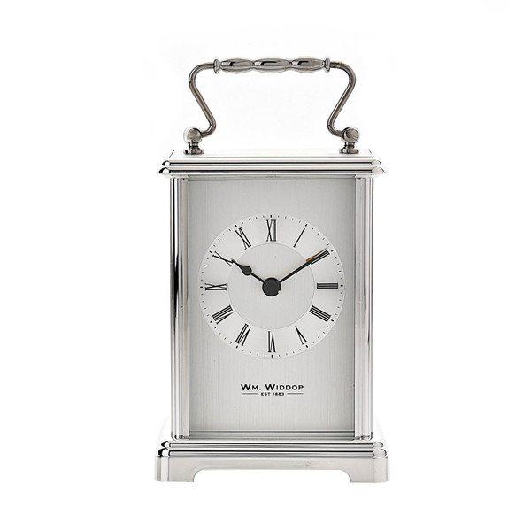 A silver plated carriage clock with easy to read roman numerials. Customised engraved message plate on top. Easy comfortable grip handle