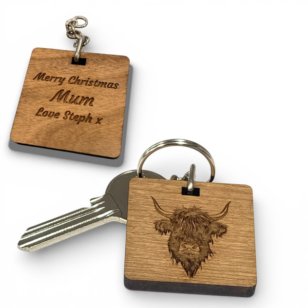 Personalised highland cow wooden keyring  with engraved message